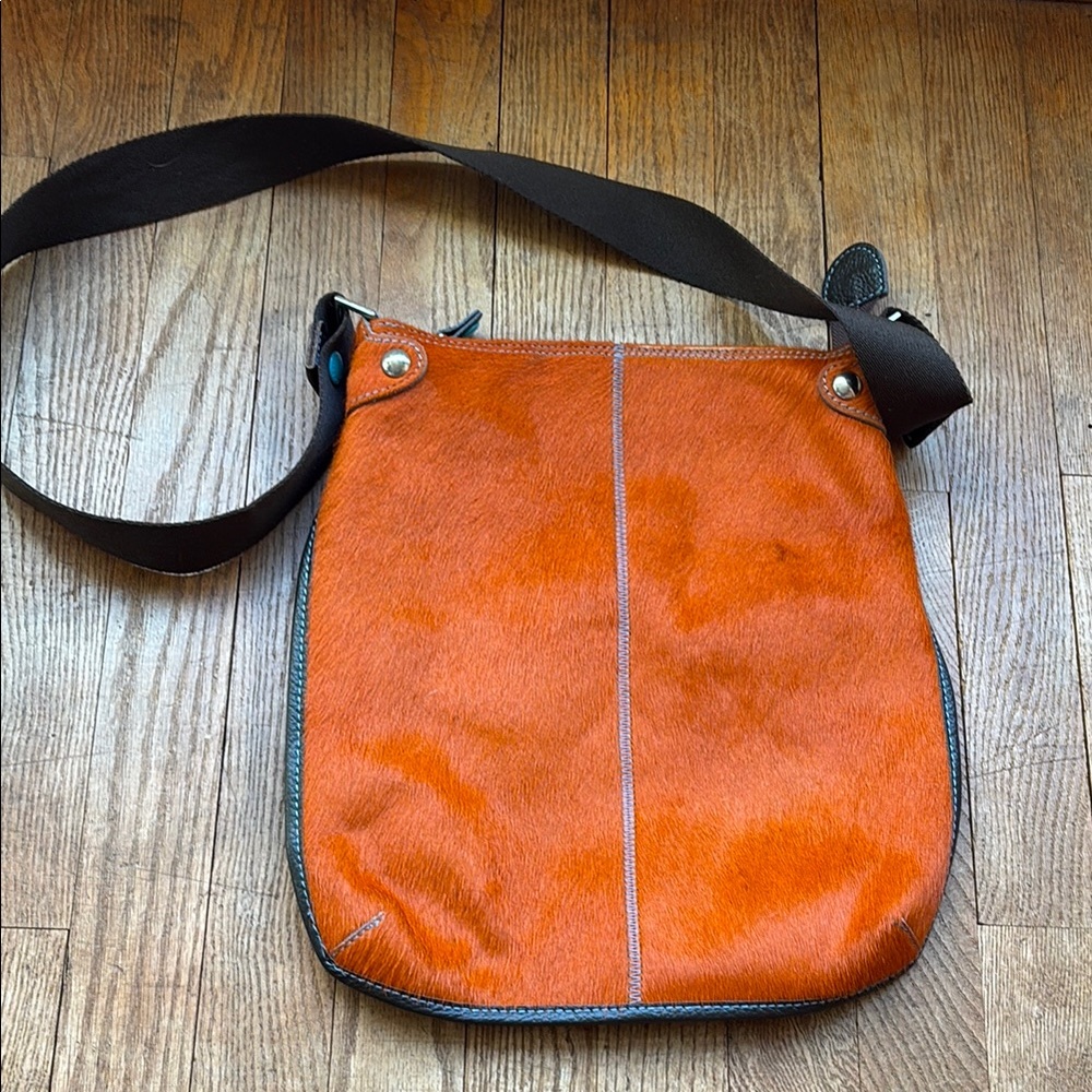 Orange calf hair and Black Leather/fabric Messenger Bag with Adjustable Strap